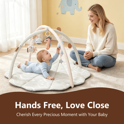 Baby Gym Playmat,Tummy Time Mat,Sit &Play Activity Mat With 6 Detachable Toys,Washable Baby Mat & Toys,Baby Gift For 0-18 Months,Beige