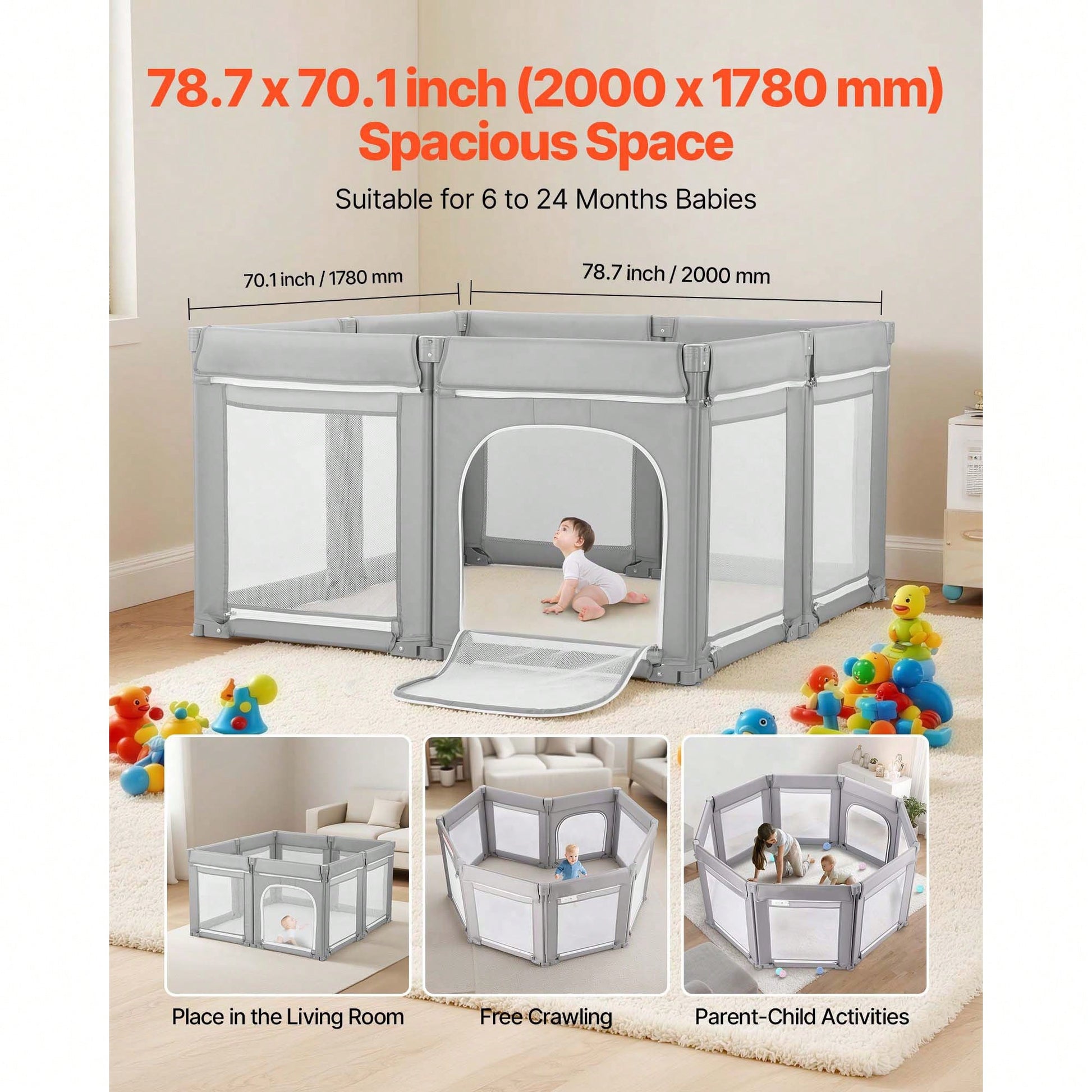 Baby Playpen, 78.7″ X 70.1″ Extra Large Toddlers Playpen, Foldable Baby Fence Play Yard With Zippered Door & Soft Breathable Mesh, Indoor Outdoor Safety Activity Center- Great Gift For Toddlers