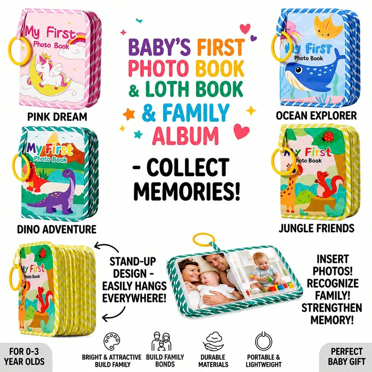 Baby Soft Fabric Photo Album, Built-In Mirror With Detachable Hanging Ring, Suitable For Multiple Photo Sizes, Baby Gift Keepsake