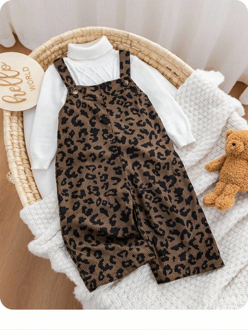 Babygirl Cute Leopard Print Jumpsuit, Versatile For Autumn/Winter Street Style Fall