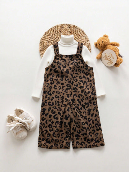 Babygirl Cute Leopard Print Jumpsuit, Versatile For Autumn/Winter Street Style Fall