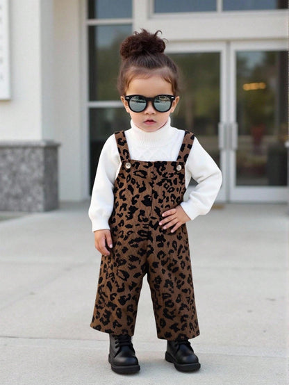 Babygirl Cute Leopard Print Jumpsuit, Versatile For Autumn/Winter Street Style Fall