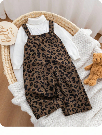 Babygirl Cute Leopard Print Jumpsuit, Versatile For Autumn/Winter Street Style Fall