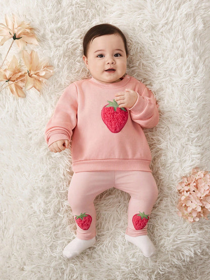 Babygirl Cute Versatile Pink Cartoon Embroidered Plush Strawberry Pattern Long Sleeve Sweatshirt & Elastic Waist Leggings Set, Autumn/Winter