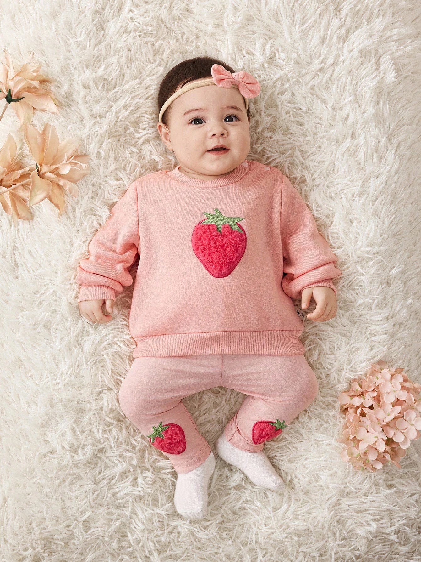 Babygirl Cute Versatile Pink Cartoon Embroidered Plush Strawberry Pattern Long Sleeve Sweatshirt & Elastic Waist Leggings Set, Autumn/Winter