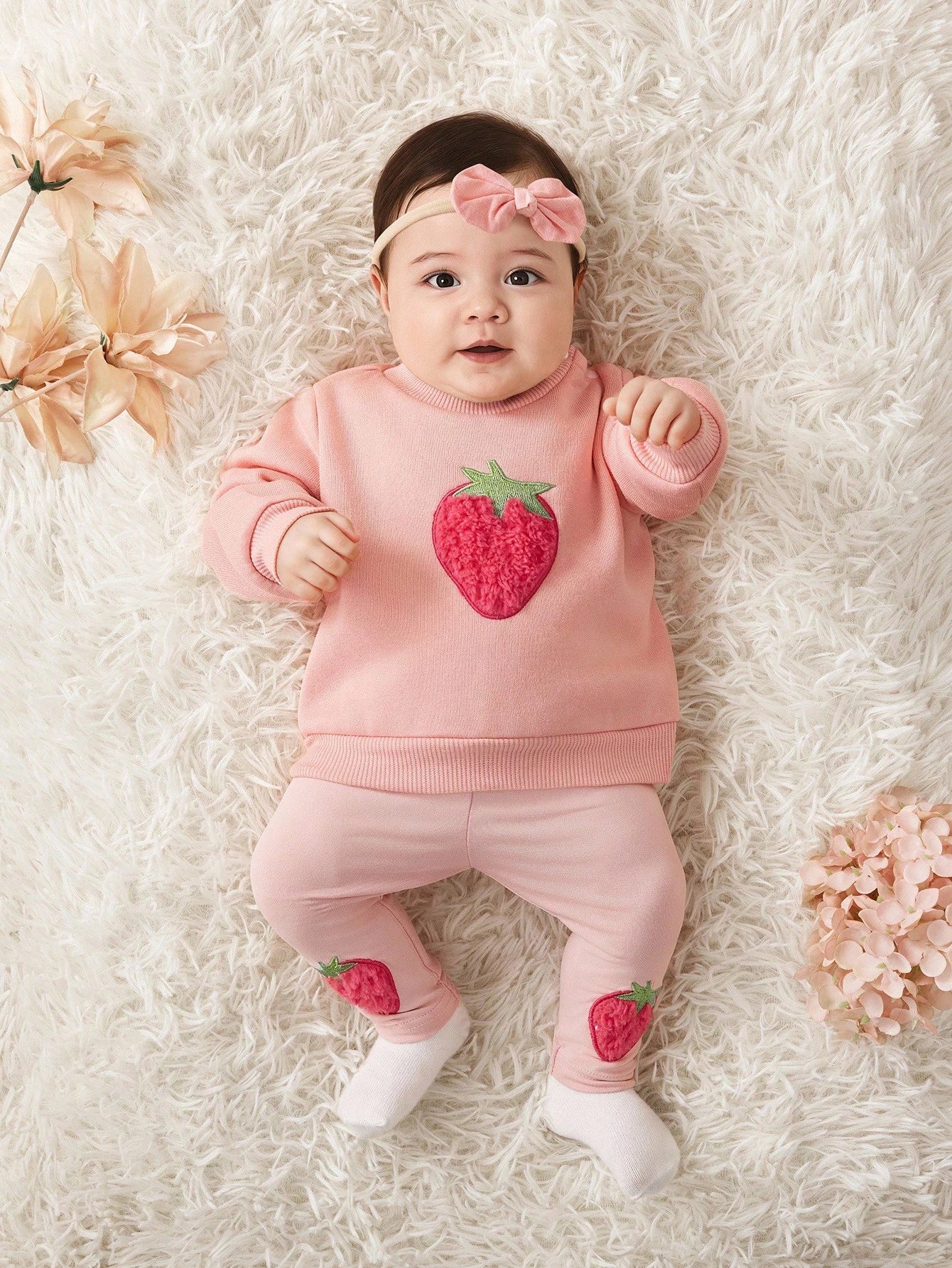 Babygirl Cute Versatile Pink Cartoon Embroidered Plush Strawberry Pattern Long Sleeve Sweatshirt & Elastic Waist Leggings Set, Autumn/Winter