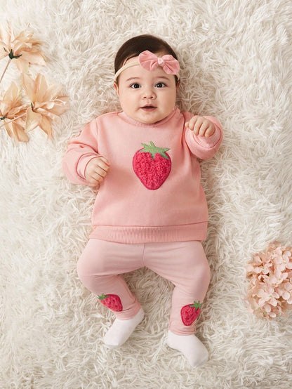 Babygirl Cute Versatile Pink Cartoon Embroidered Plush Strawberry Pattern Long Sleeve Sweatshirt & Elastic Waist Leggings Set, Autumn/Winter