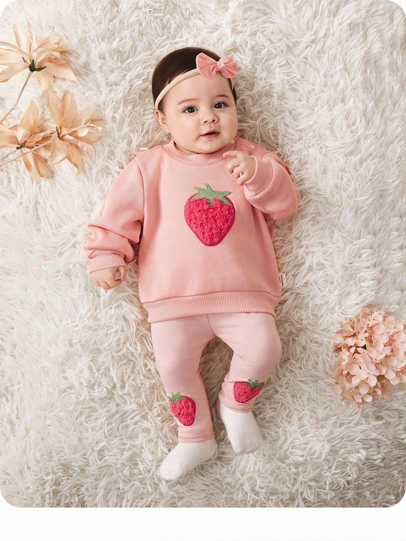 Babygirl Cute Versatile Pink Cartoon Embroidered Plush Strawberry Pattern Long Sleeve Sweatshirt & Elastic Waist Leggings Set, Autumn/Winter