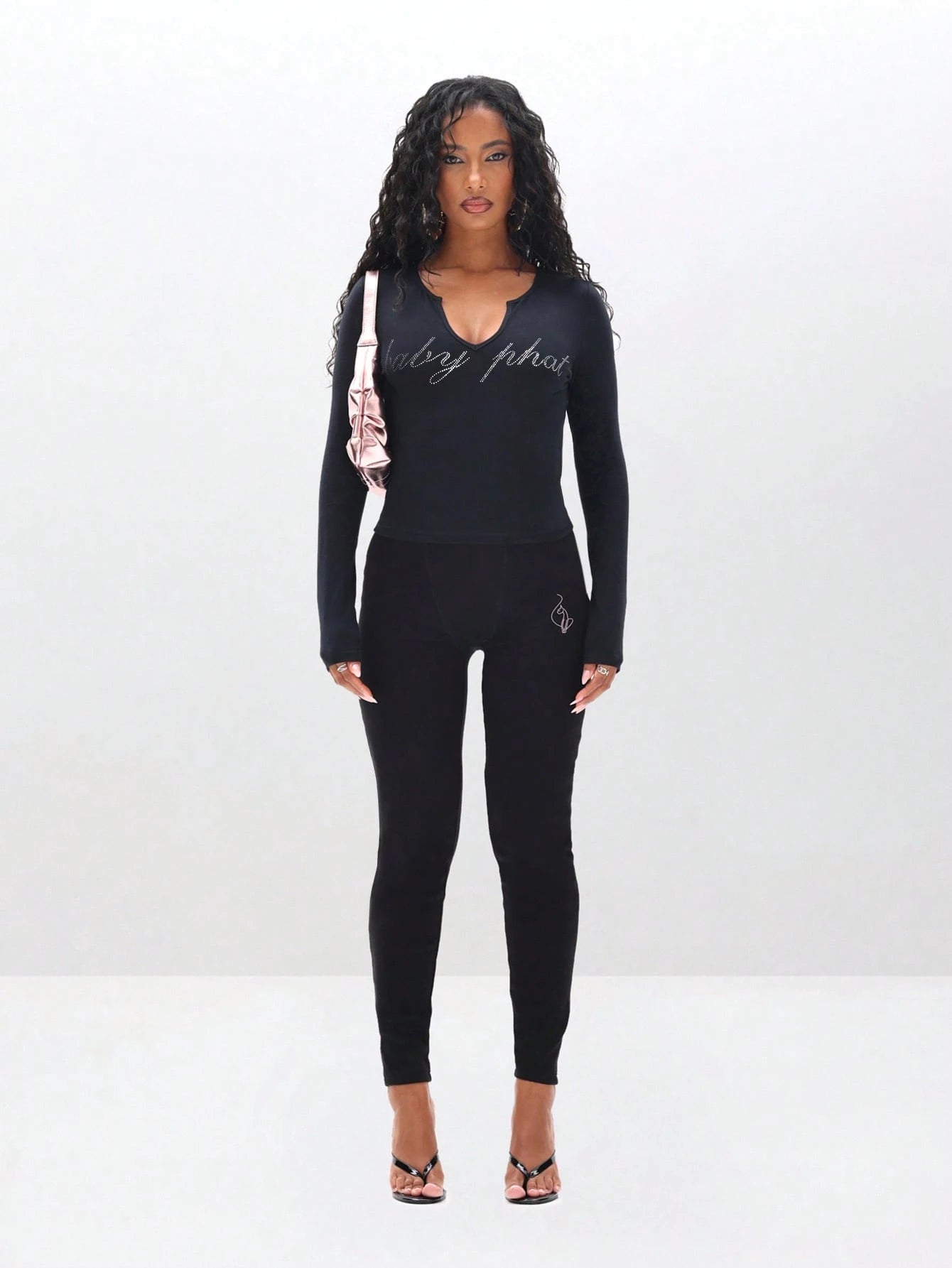 BABYPHAT Plus Size Long Sleeve Notch Neck Rhinestone Baby Girl Text Top Winter Casual Statement Tee Fall