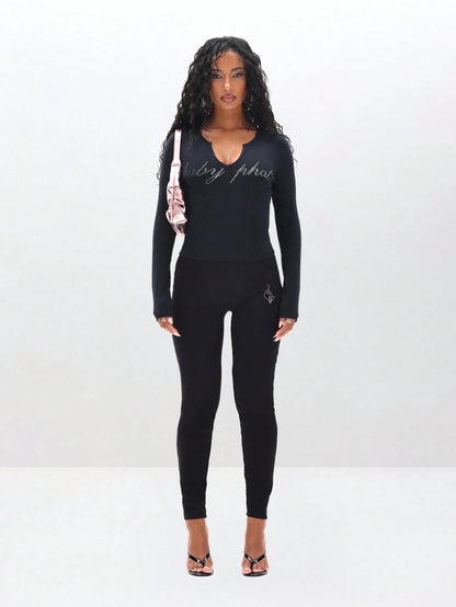 BABYPHAT Plus Size Long Sleeve Notch Neck Rhinestone Baby Girl Text Top Winter Casual Statement Tee Fall