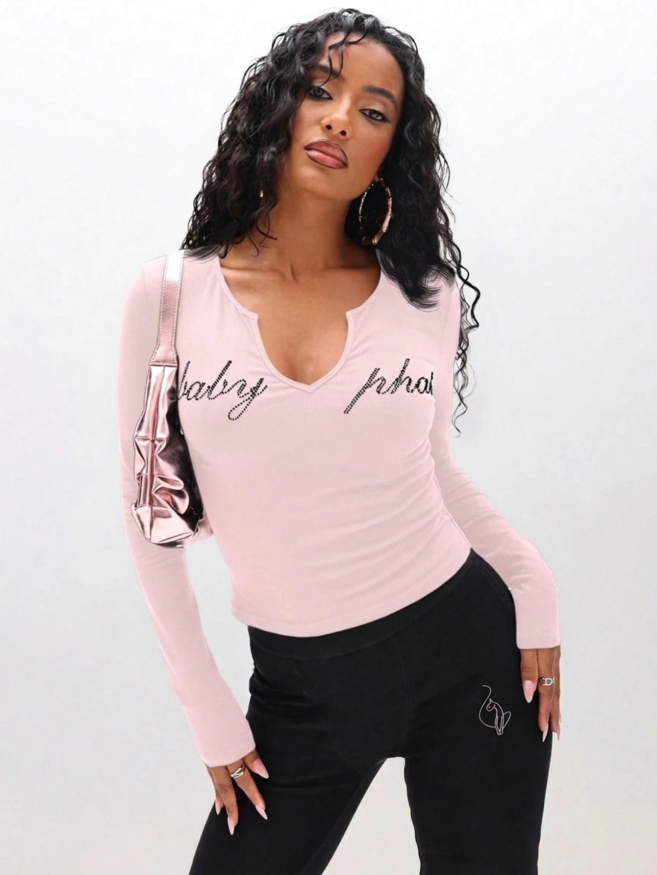 BABYPHAT Plus Size Long Sleeve Notch Neck Rhinestone Baby Girl Text Top Winter Casual Statement Tee Fall