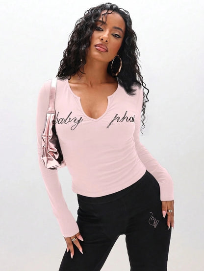 BABYPHAT Plus Size Long Sleeve Notch Neck Rhinestone Baby Girl Text Top Winter Casual Statement Tee Fall