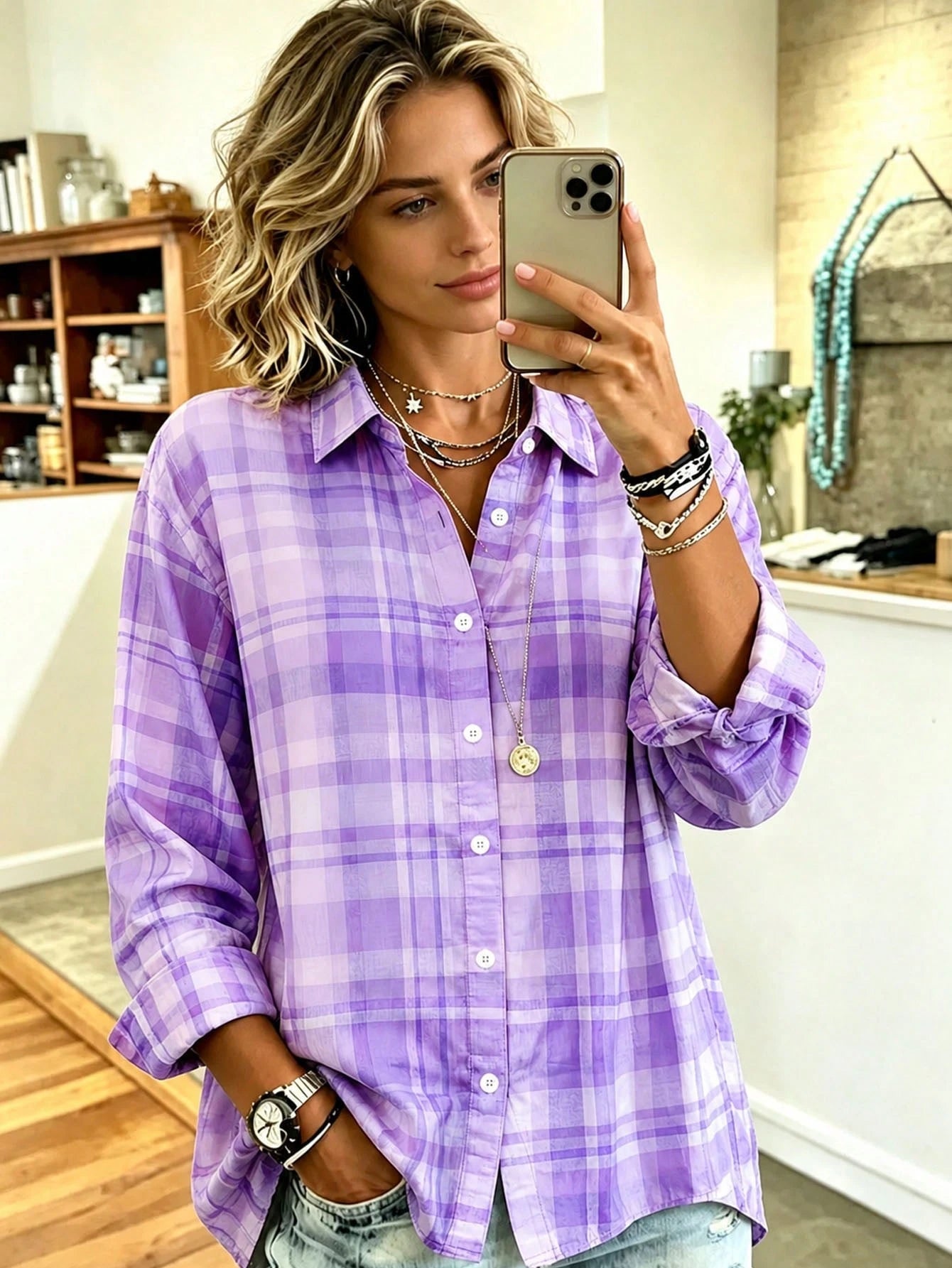 Back To School Casual Fashion Plaid Print Women's Plus Size Lightweight Long Sleeve Shirt Vacation
