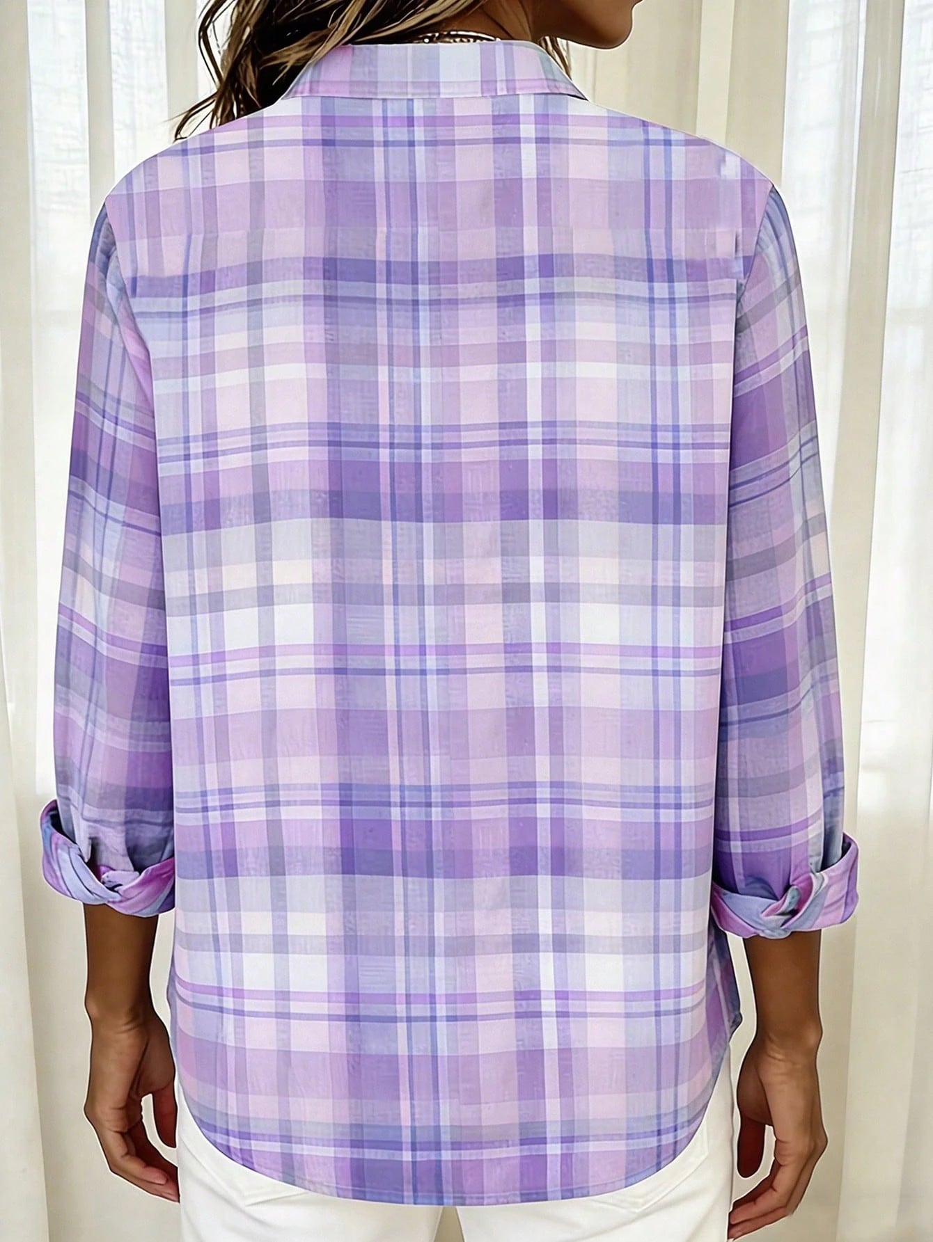 Back To School Casual Fashion Plaid Print Women's Plus Size Lightweight Long Sleeve Shirt Vacation