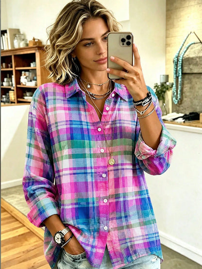 Back To School Casual Fashion Plaid Print Women's Plus Size Lightweight Long Sleeve Shirt Vacation