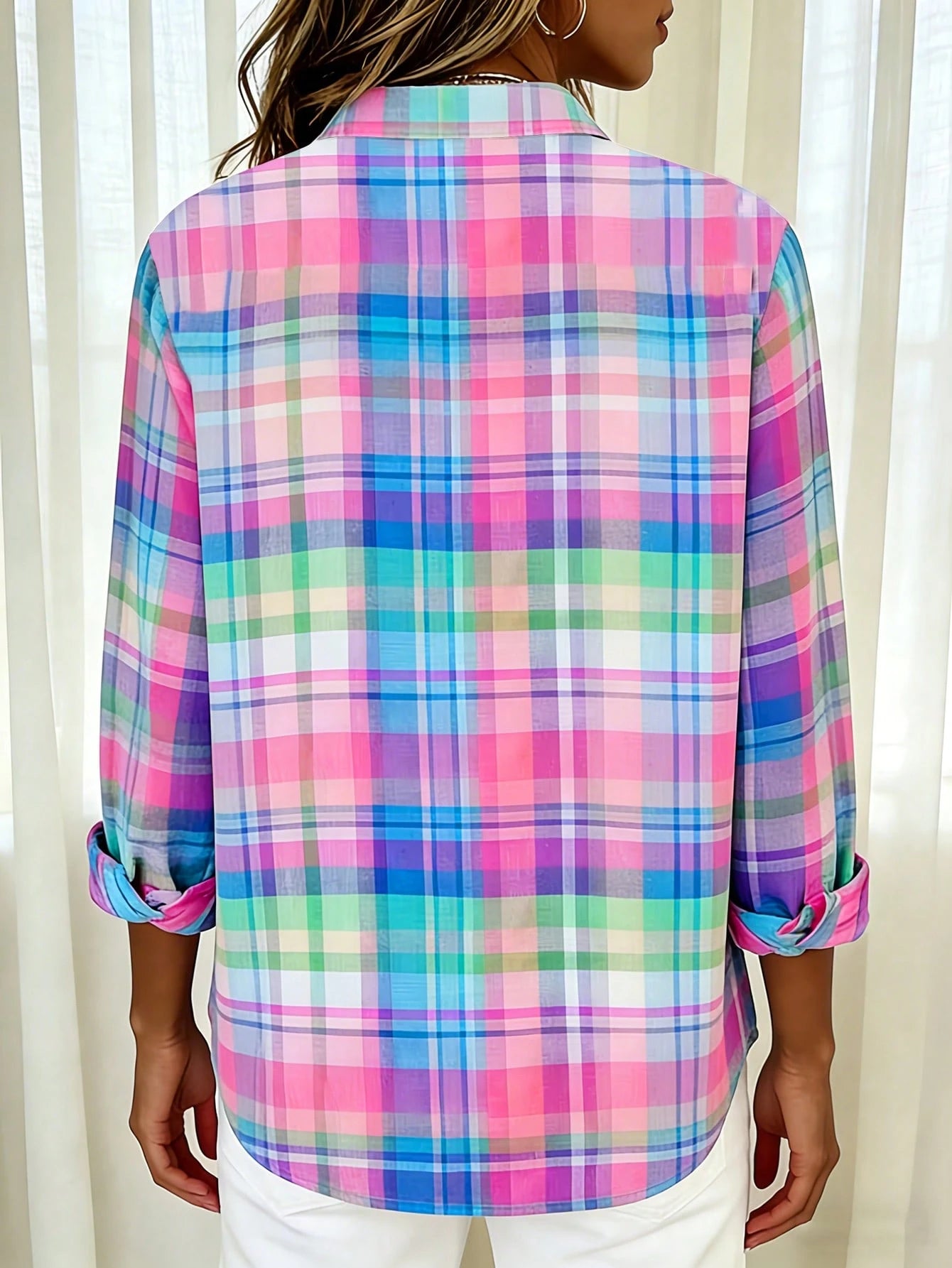 Back To School Casual Fashion Plaid Print Women's Plus Size Lightweight Long Sleeve Shirt Vacation
