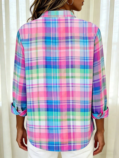 Back To School Casual Fashion Plaid Print Women's Plus Size Lightweight Long Sleeve Shirt Vacation