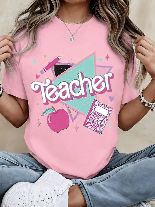 Back To School Outfits,Women Clothing Teacher T Shirt White Teacher Text Apple And Notebook Print Casual Wear For Women School 100%Cotton