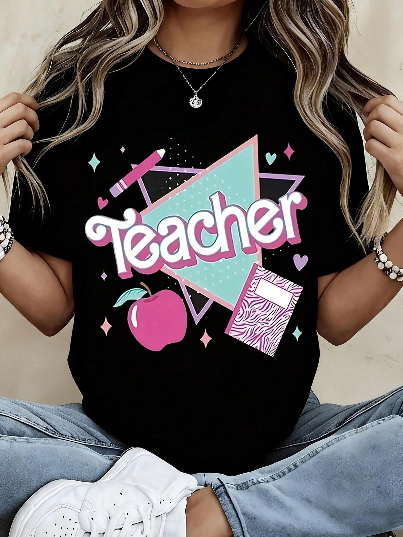 Back To School Outfits,Women Clothing Teacher T Shirt White Teacher Text Apple And Notebook Print Casual Wear For Women School 100%Cotton