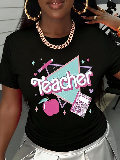 Back To School Outfits,Women Clothing Teacher T Shirt White Teacher Text Apple And Notebook Print Casual Wear For Women School 100%Cotton