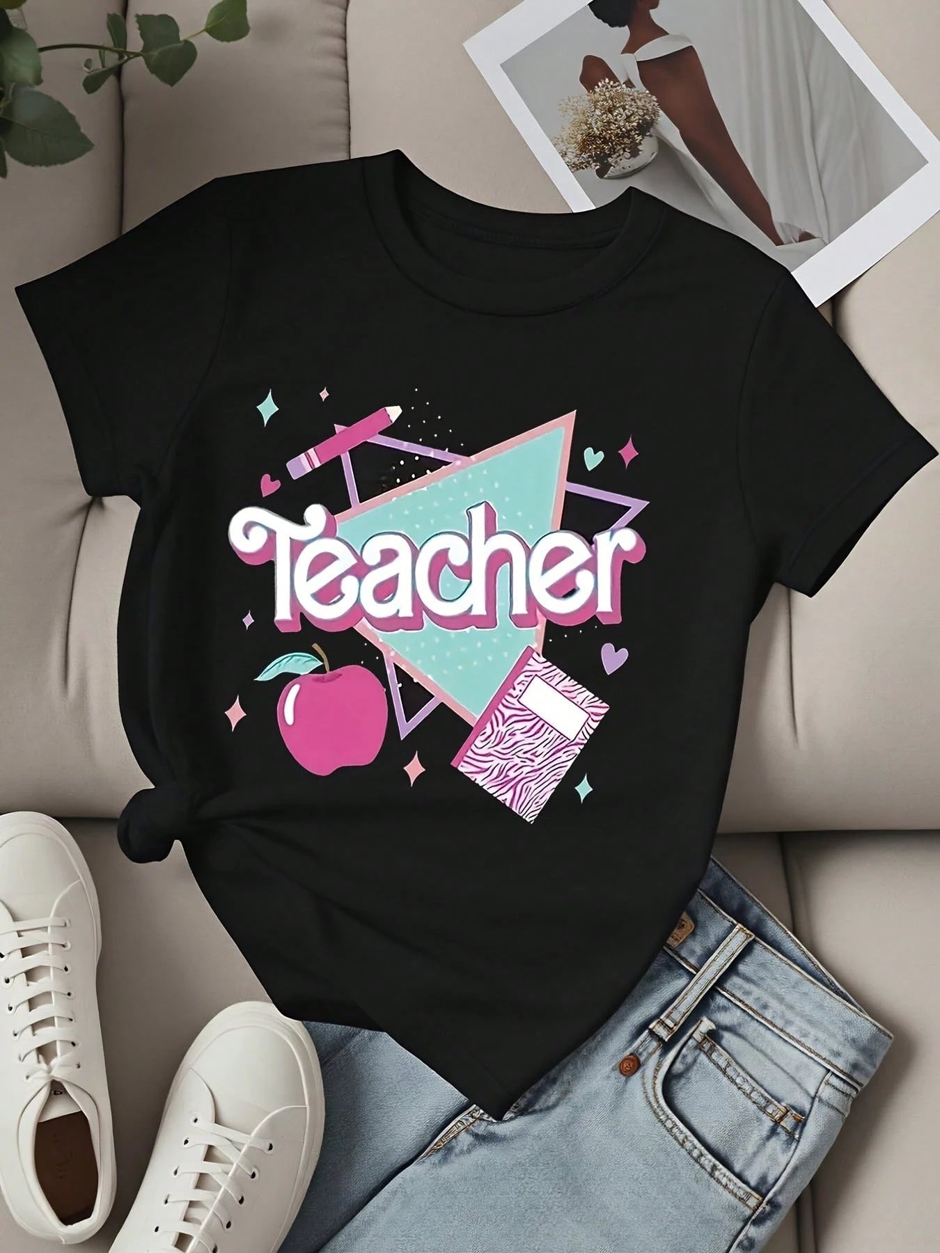 Back To School Outfits,Women Clothing Teacher T Shirt White Teacher Text Apple And Notebook Print Casual Wear For Women School 100%Cotton