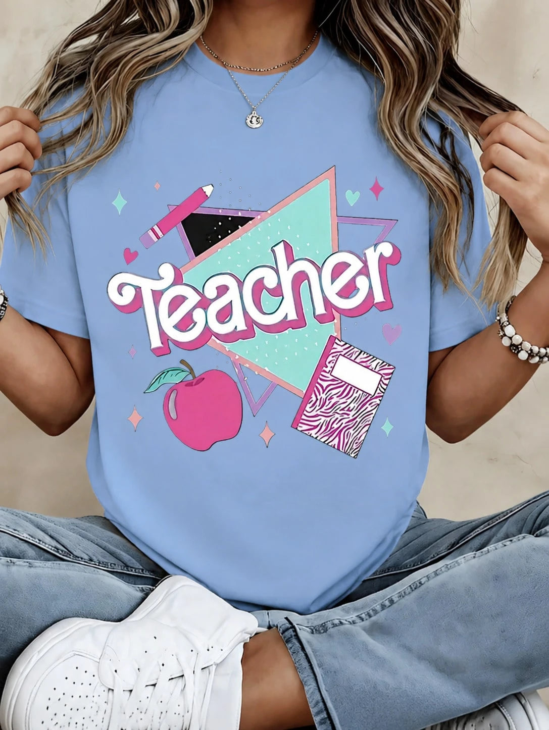 Back To School Outfits,Women Clothing Teacher T Shirt White Teacher Text Apple And Notebook Print Casual Wear For Women School 100%Cotton
