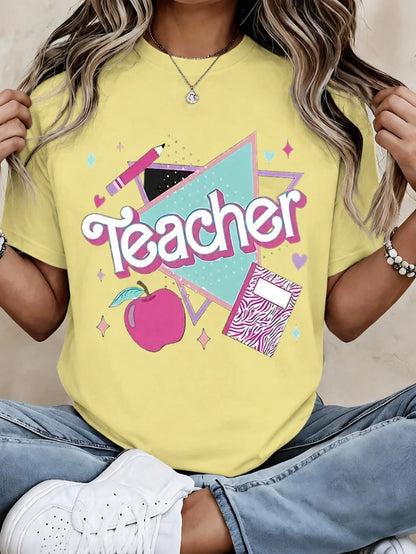 Back To School Outfits,Women Clothing Teacher T Shirt White Teacher Text Apple And Notebook Print Casual Wear For Women School 100%Cotton