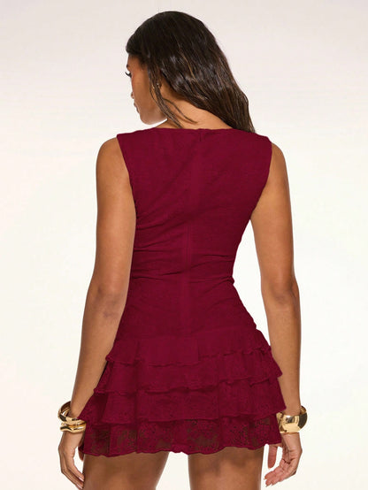 BAE Burgundy Lace Floral Tiered Culottes Sleeveless Ruffled Mini Dress,Summer Country Western Concert Outfit Women,Boho Beach Party,Valentine's Day Wear