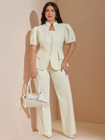 BAE CURVE Plus Size Women's Apricot Short Sleeve Blazer, Pearl Button Top, Suitable For Outings, Dates, Autumn/Winter