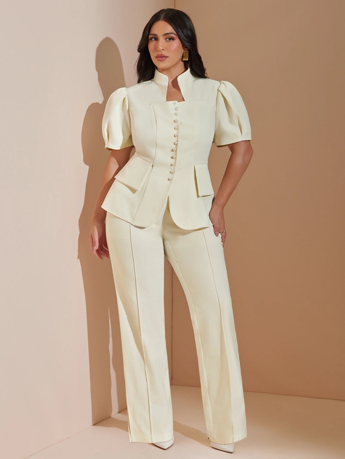 BAE CURVE Plus Size Women's Apricot Short Sleeve Blazer, Pearl Button Top, Suitable For Outings, Dates, Autumn/Winter