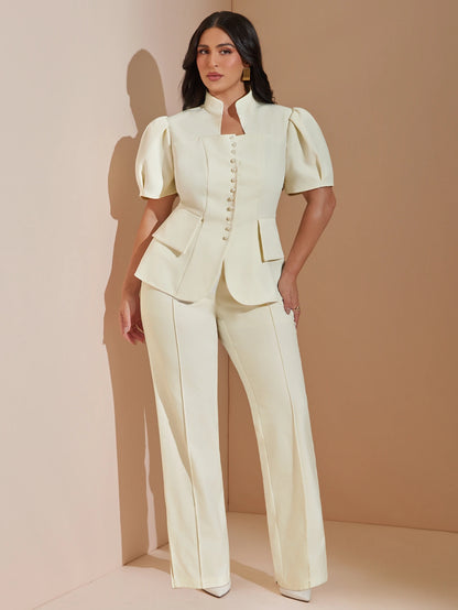 BAE CURVE Plus Size Women's Apricot Short Sleeve Blazer, Pearl Button Top, Suitable For Outings, Dates, Autumn/Winter