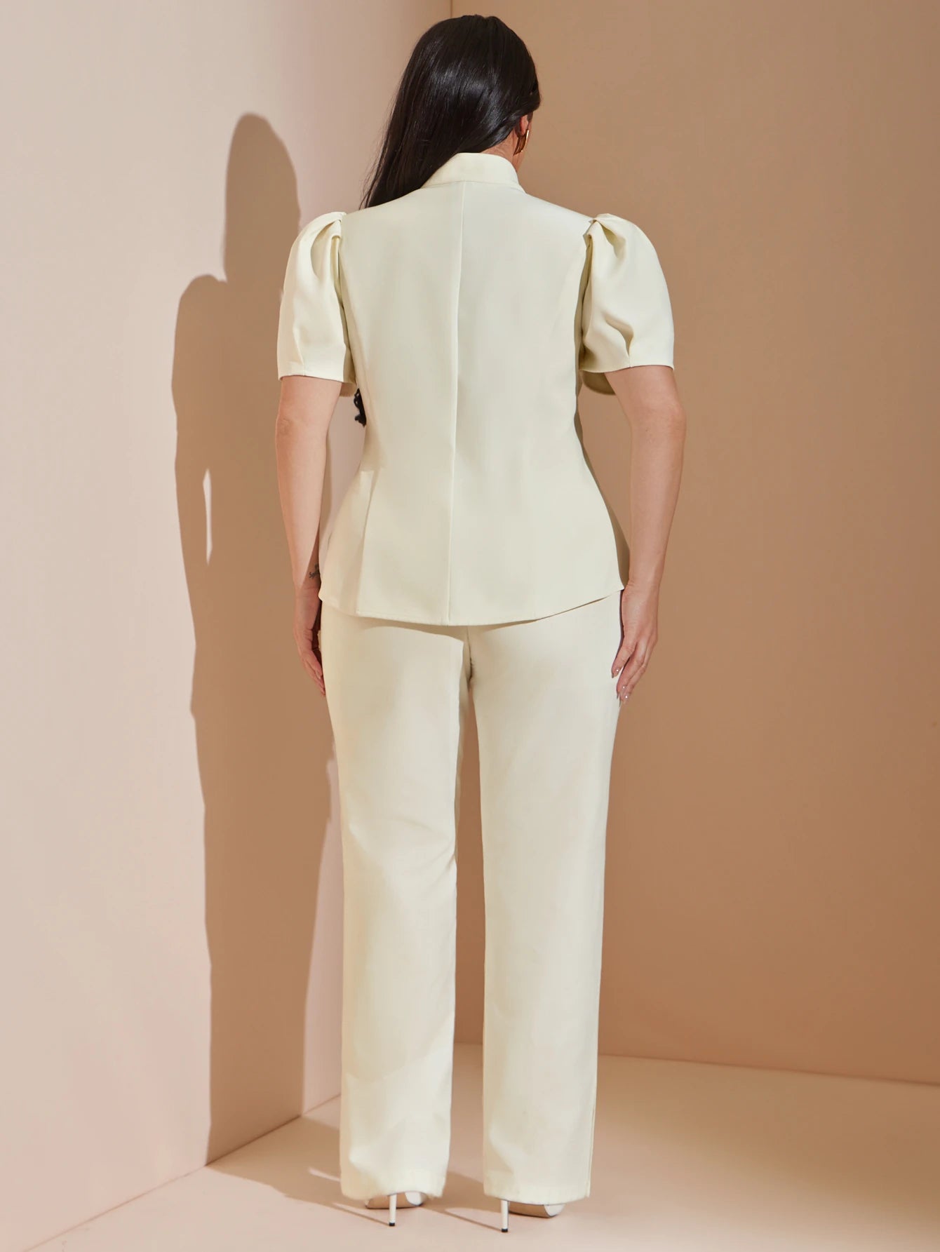 BAE CURVE Plus Size Women's Apricot Short Sleeve Blazer, Pearl Button Top, Suitable For Outings, Dates, Autumn/Winter