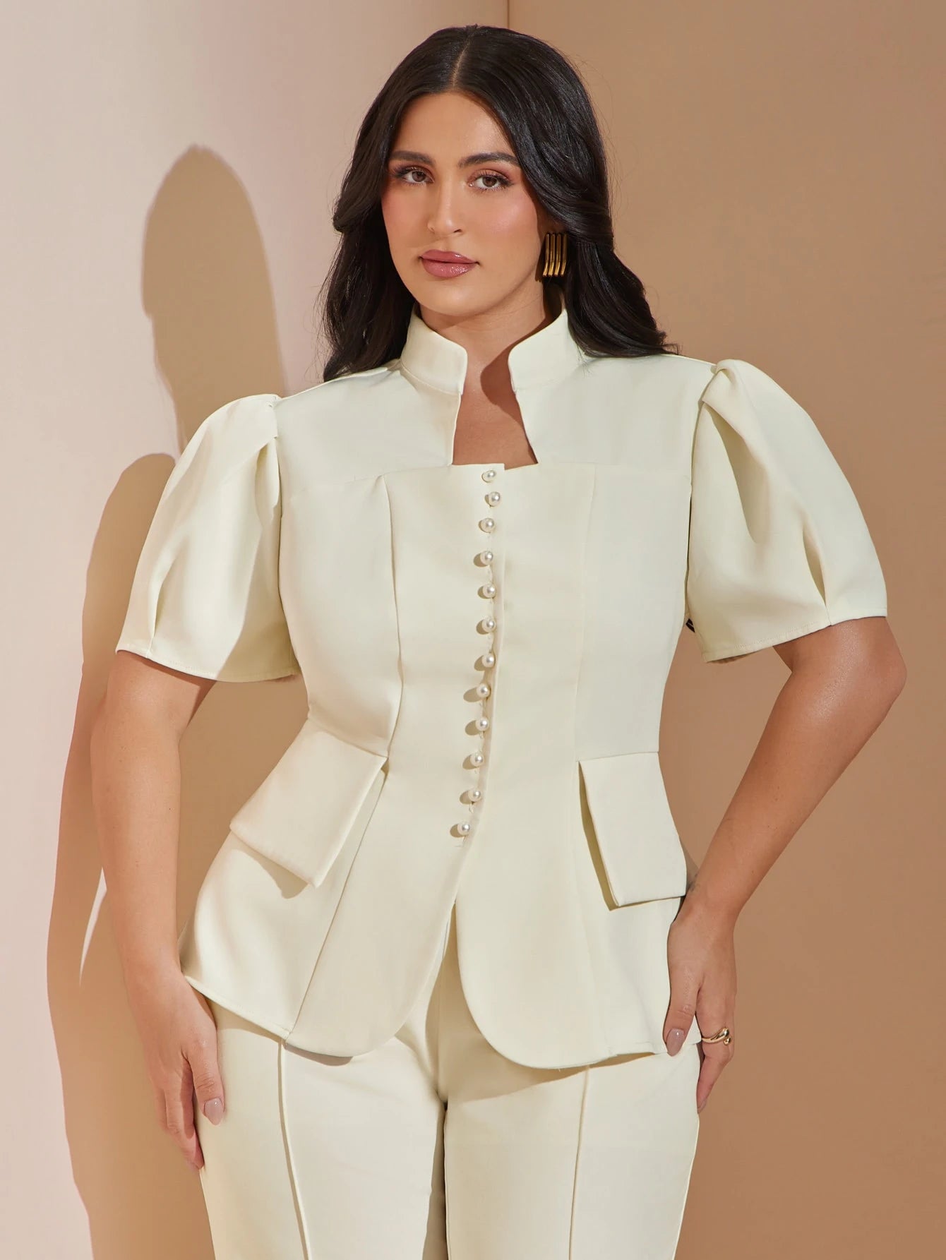 BAE CURVE Plus Size Women's Apricot Short Sleeve Blazer, Pearl Button Top, Suitable For Outings, Dates, Autumn/Winter