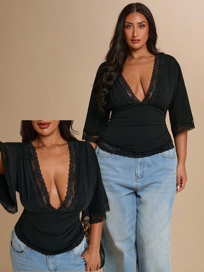 BAE CURVE Plus Size Women's Black Lace Patchwork Date Night Evening Top, Elegant Sexy V-Neck Camisole, Festival, Wedding, Graduation, Casual, Y2k, Work Summer