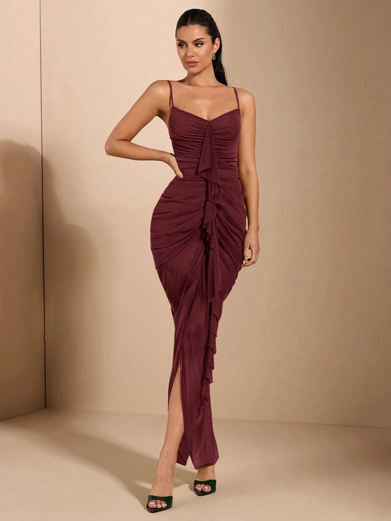 BAE Ladies' Fitted Ruched Front Panel Dress With Elegant Floral Frill Decor,Valentine's Day,Valentine Outfits For Women