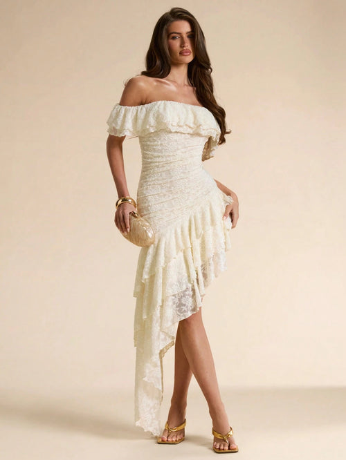BAE Off-White Textured Floral Off-Shoulder Ruffle Asymmetric Hem Bodycon Maxi Dress, Elegant Romantic Summer Date Vacation Women's For Cocktail, Wedding
