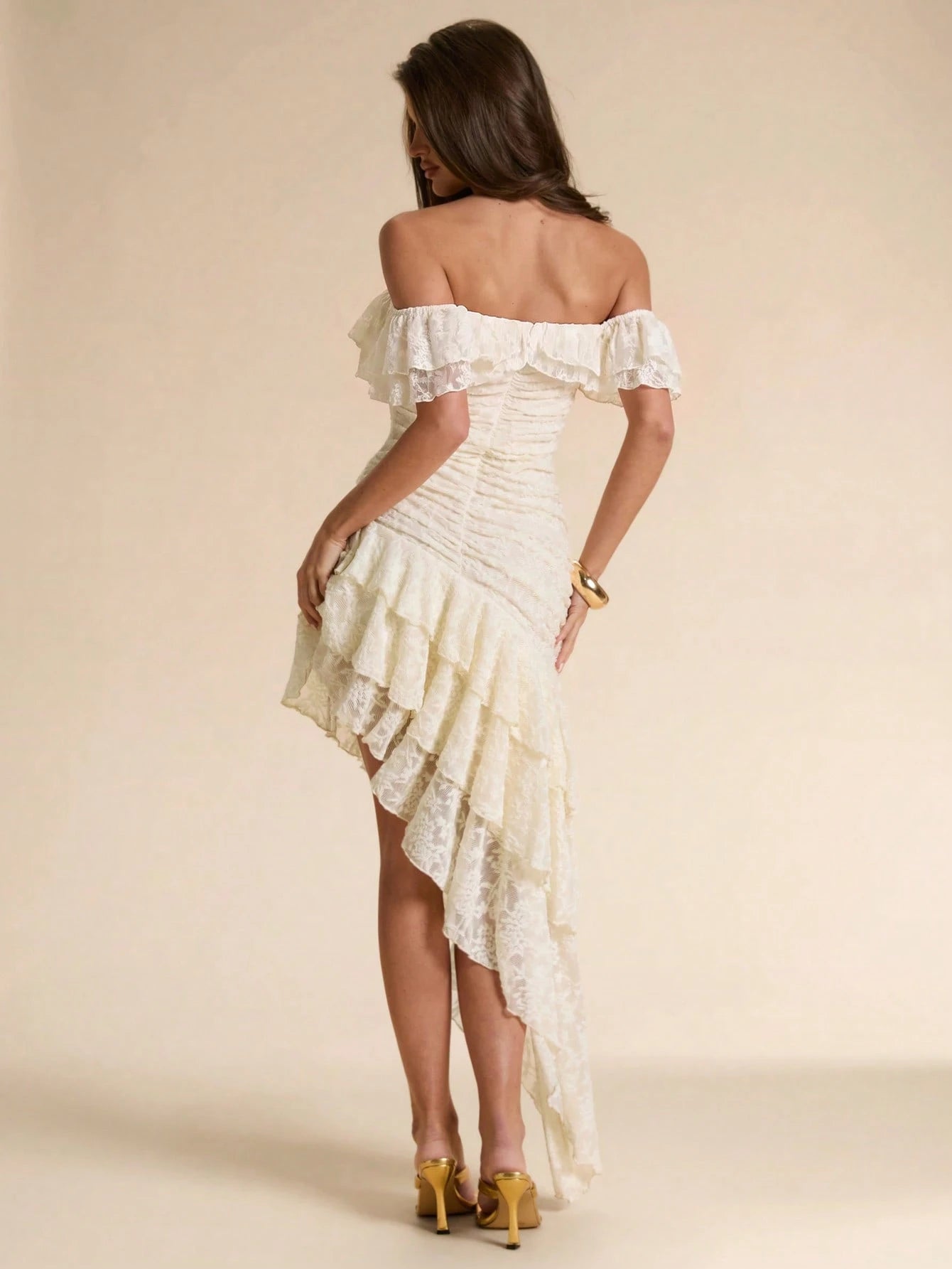 BAE Off-White Textured Floral Off-Shoulder Ruffle Asymmetric Hem Bodycon Maxi Dress, Elegant Romantic Summer Date Vacation Women's For Cocktail, Wedding