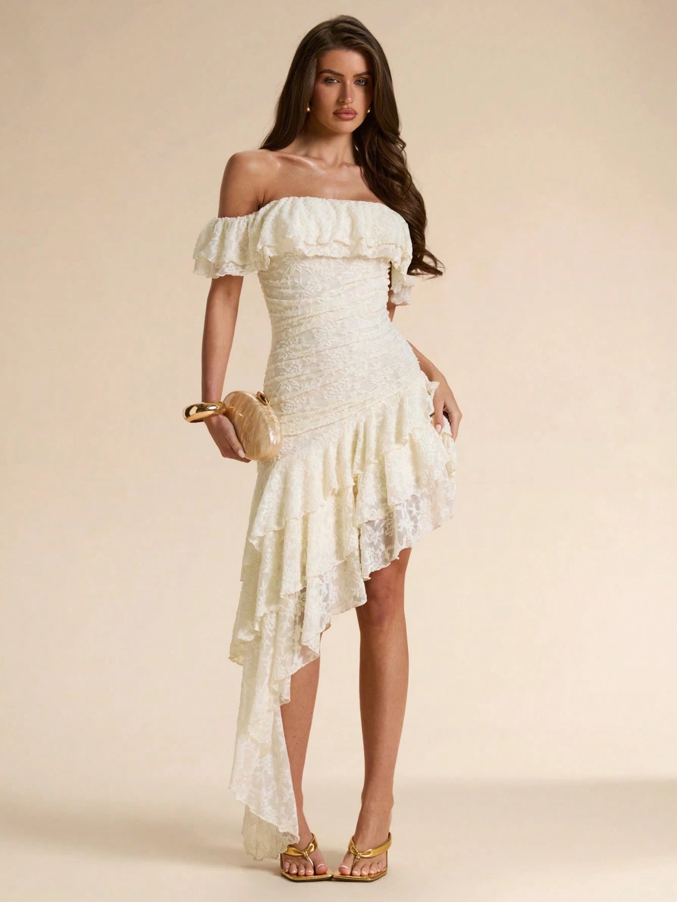 BAE Off-White Textured Floral Off-Shoulder Ruffle Asymmetric Hem Bodycon Maxi Dress, Elegant Romantic Summer Date Vacation Women's For Cocktail, Wedding