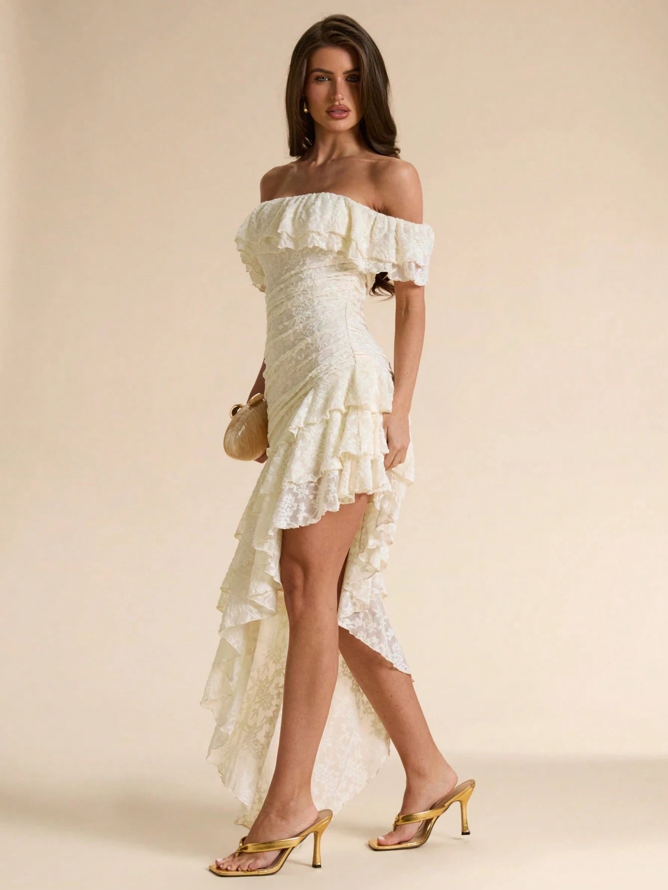 BAE Off-White Textured Floral Off-Shoulder Ruffle Asymmetric Hem Bodycon Maxi Dress, Elegant Romantic Summer Date Vacation Women's For Cocktail, Wedding