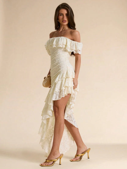 BAE Off-White Textured Floral Off-Shoulder Ruffle Asymmetric Hem Bodycon Maxi Dress, Elegant Romantic Summer Date Vacation Women's For Cocktail, Wedding