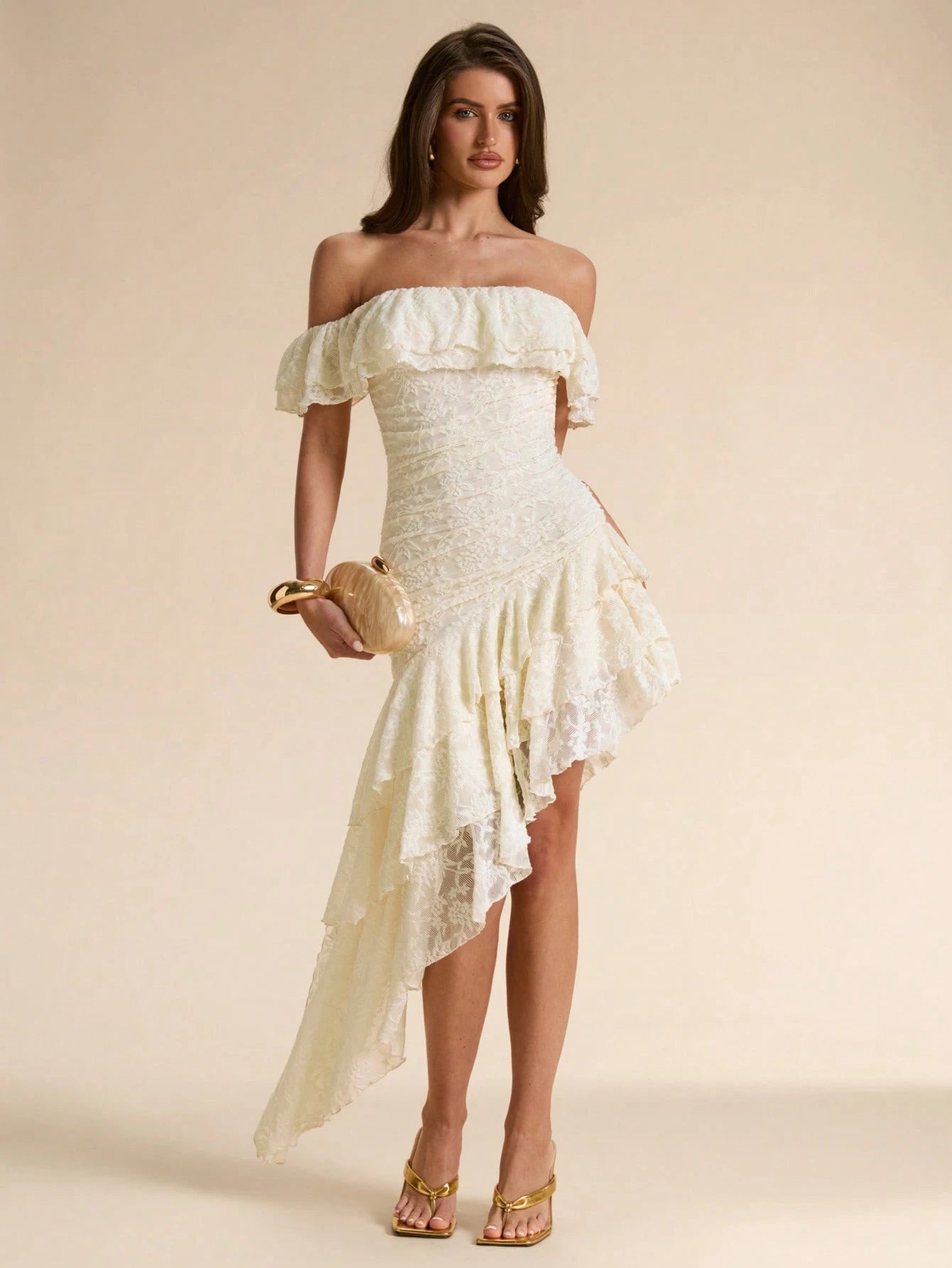 BAE Off-White Textured Floral Off-Shoulder Ruffle Asymmetric Hem Bodycon Maxi Dress, Elegant Romantic Summer Date Vacation Women's For Cocktail, Wedding