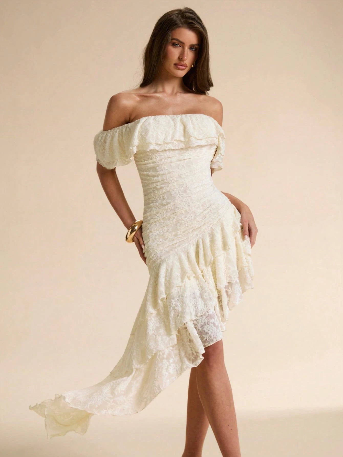 BAE Off-White Textured Floral Off-Shoulder Ruffle Asymmetric Hem Bodycon Maxi Dress, Elegant Romantic Summer Date Vacation Women's For Cocktail, Wedding