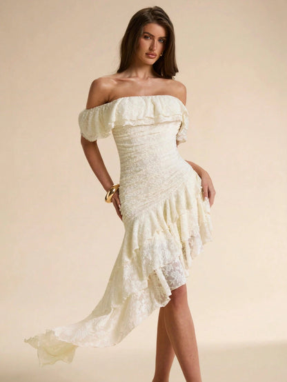 BAE Off-White Textured Floral Off-Shoulder Ruffle Asymmetric Hem Bodycon Maxi Dress, Elegant Romantic Summer Date Vacation Women's For Cocktail, Wedding