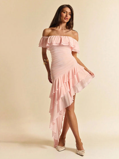 BAE Off-White Textured Floral Off-Shoulder Ruffle Asymmetric Hem Bodycon Maxi Dress, Elegant Romantic Summer Date Vacation Women's For Cocktail, Wedding