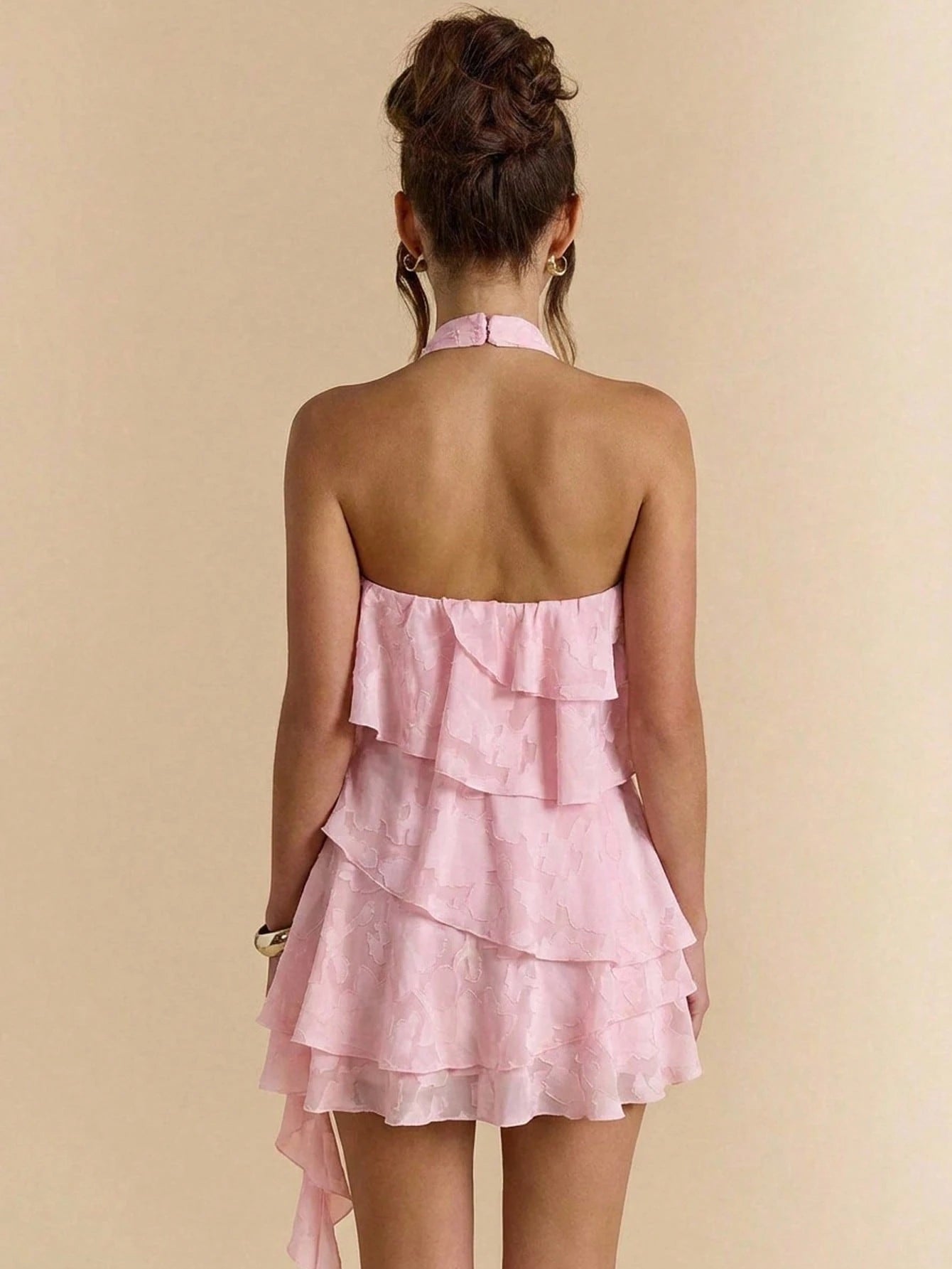 BAE Pink Floral Summer Elegant 70's Birthday Party Wedding Floral Jacquard Halter Asymmetric Ruffle Hem Dress, Suitable For Banquet, Night Out