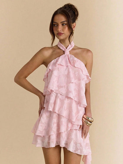 BAE Pink Floral Summer Elegant 70's Birthday Party Wedding Floral Jacquard Halter Asymmetric Ruffle Hem Dress, Suitable For Banquet, Night Out
