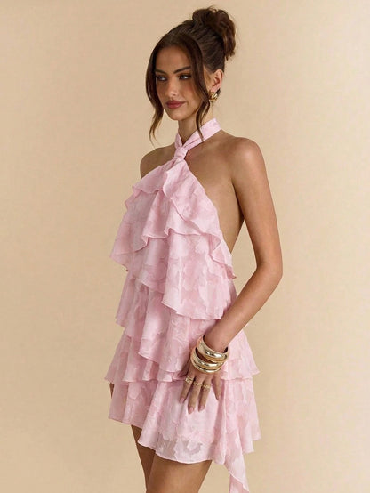 BAE Pink Floral Summer Elegant 70's Birthday Party Wedding Floral Jacquard Halter Asymmetric Ruffle Hem Dress, Suitable For Banquet, Night Out