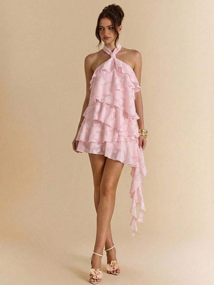 BAE Pink Floral Summer Elegant 70's Birthday Party Wedding Floral Jacquard Halter Asymmetric Ruffle Hem Dress, Suitable For Banquet, Night Out