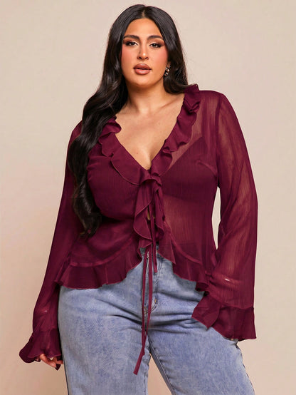 BAE Plus Size Women's Early Summer Vacation Party Evening Date Night Elegant Solid Color Sheer Ruffle Flare Long Sleeve Chiffon Blouse Burgundy