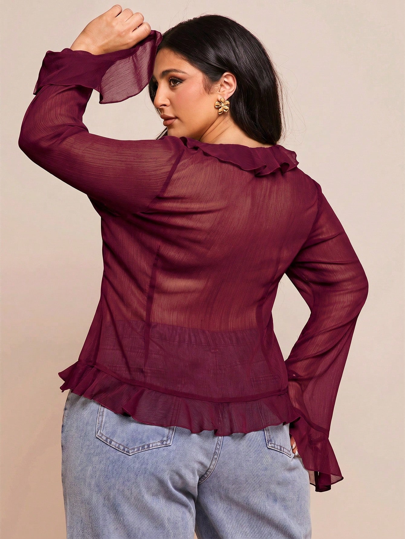BAE Plus Size Women's Early Summer Vacation Party Evening Date Night Elegant Solid Color Sheer Ruffle Flare Long Sleeve Chiffon Blouse Burgundy